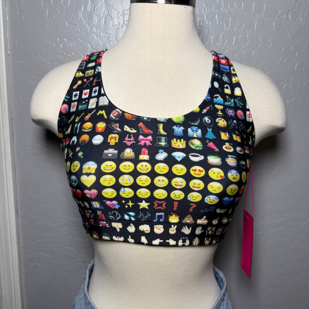NWT Terez Womens Size Small Emoji Print Scoop Neck Racerback Sports Bra Crop Top